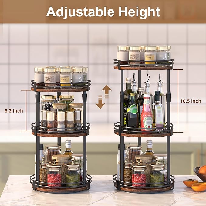 Lazy-Susan-Organizer-Spice-Rack, 3-Tier Rotating Spice Organizer For Kitchen-Cabinet-Countertop-Pantry, Turntable Seasoning Holder Storage Shelf With Adjustable Height