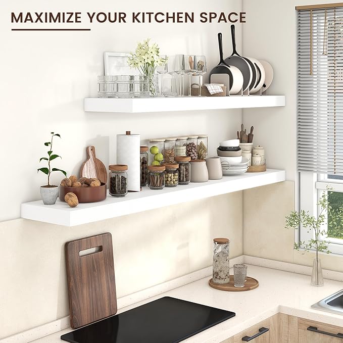 Floating Shelves for Wall, 55 Inch Wide x 12 Inch Deep Floating Shelves, Long Wood Floating Wall Shelf Shelves for Living Room Bathroom Bedroom Kitchen Home - (White, 55