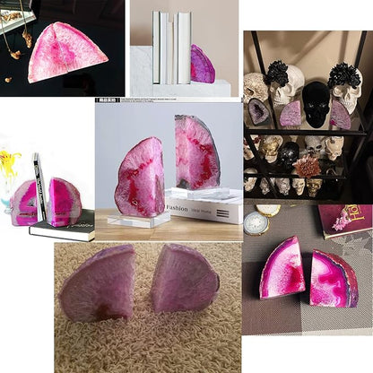 JIC Gem Pink Dyed Agate Bookends Geode Book Ends Stone Bookends for Shelves to Hold Books Heavy Duty with Rubber Bumpers for Decoration Brazilian(1 Pair, 3-4 LBS)