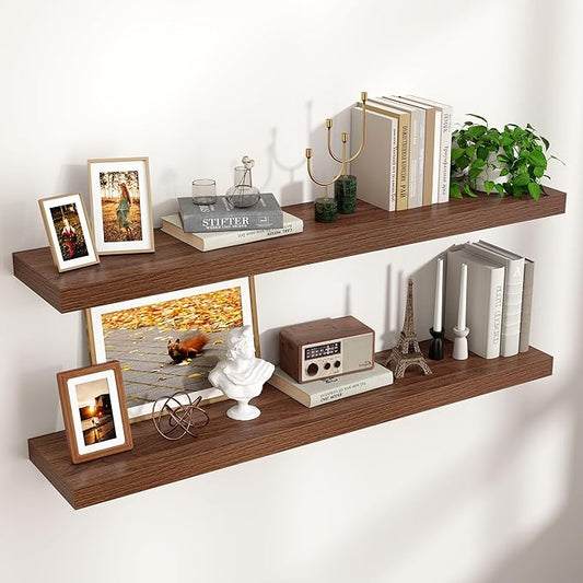Floating Shelves for Wall 48"W x 9"D x 1.5"H, Long Engineered Wood Wall Shelves with Invisible Brackets for Living Room Bedroom Bathroom Office Kitchen Decor and Storage, Walnut Finish, Set of 2