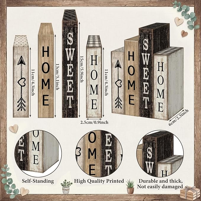 4 Pcs Farmhouse Table Decor Wooden Books Home Sweet Home Tiered Tray Decor Rustic Wood Block Sign Housewarming Gifts Neutral Centerpiece Farmhouse Stacked Decoration for Shelf Mantle