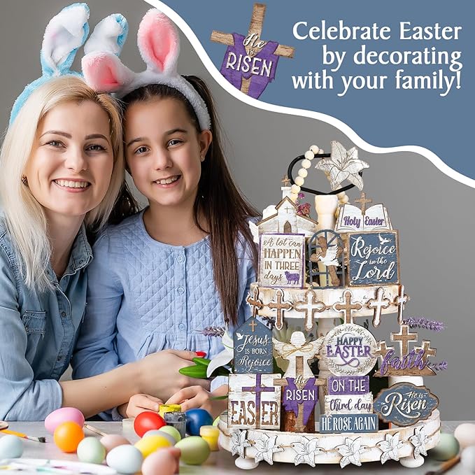 Amyhill 29 Pcs Religious Easter Tiered Tray Decor Christian Easter Decorations He is Risen Cross Lily Purple Wooden Signs Rustic Farmhouse Spring Table Decor for Home Kitchen Shelf