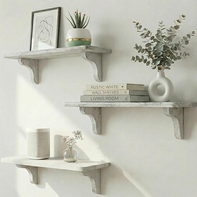 Willowy Real Wood Rustic White Farmhouse Wall Shelves - 17 inch (3 Pack) - Easy to Install, Template and Video Included - White Washed Floating Shelves, Antique Floating Shelves