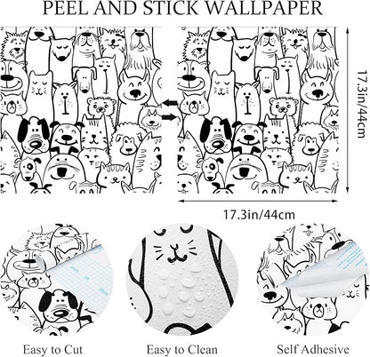 393"x17.3" Peel and Stick Wallpaper Contact Paper Black and White Wallpaper Modern Dog Animal Wall Paper Textured Self Adhesive Removable Wallpaper for Nursery Kids Room Shelf Liner Vinyl Roll
