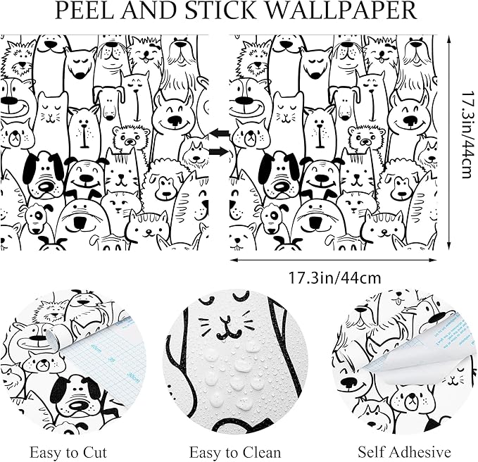 Peel and Stick Wallpaper Contact Paper Black and White Wallpaper Modern Dog Animal Wall Paper Textured Self Adhesive Removable Wallpaper for Nursery Kids Room Shelf Liner Vinyl Roll 78.7"x17.3"