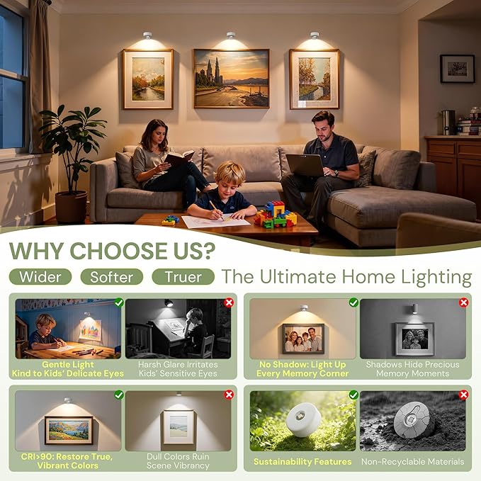 L LOHAS LED White Wireless Picture Lights for Wall, 3 Pack Magnetic Rechargeable AAA Battery Operated Picture Light with Remote & Timer, Dimmable 3CCT Art Light for Paintings, Frames, Gallery