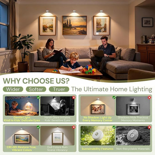L LOHAS LED White Wireless Picture Lights for Wall, 3 Pack Magnetic Rechargeable AAA Battery Operated Picture Light with Remote & Timer, Dimmable 3CCT Art Light for Paintings, Frames, Gallery
