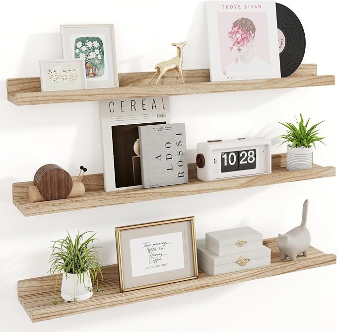 RICHFOCUS Floating Shelves for Wall, 36 inch Solid Wood Picture Ledge Shelf for Wall Storage, Nursery Book Shelves with Lip for Living Room Bathroom Bedroom Kitchen, Set of 3, Carbonized Black