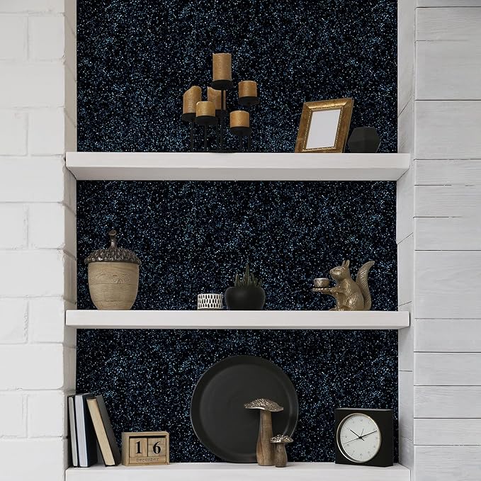 CHIHUT Black Blue Glitter Wallpaper Peel and Stick 15.7''x100'' Sparkle Glitter Contact Paper for Walls Self Adhesive Black Shiny Wallpaper Removable Fabric Wallpaper Decorative for Cabinets Crafts