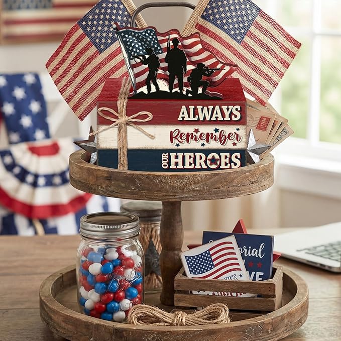 Geelin 4 Pcs Memorial Day Wooden Book Stack Decorations, Patriotic Tabletop Book Sign with Soldiers and American Flag, Rustic Red White Blue Tiered Tray Decor for Home Office Veterans Day