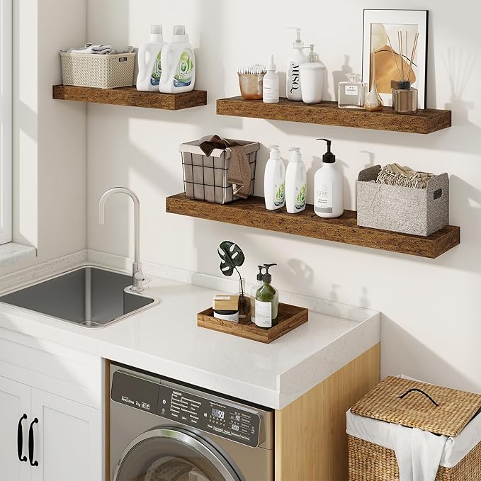 fuqing Floating Shelves for Wall, Wall Mounted Wood Floating Shelf with Invisible Brackets for Living Room, Bathroom, Bedroom, Kitchen Storage and Decor, 20 Inch Set of 2, Rustic Brown