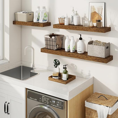 fuqing Floating Shelves for Wall, Wall Mounted Wood Floating Shelf with Invisible Brackets for Living Room, Bathroom, Bedroom, Kitchen Storage and Decor, 20 Inch Set of 2, Rustic Brown