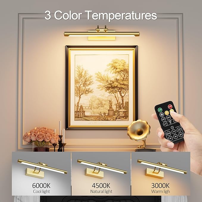Cordless Picture Light with Remote, Battery Operated Wall Sconce for Artwork, 3 Colors Painting Light Dimmable and Timer, Wireless Art Light for Display (Gold)