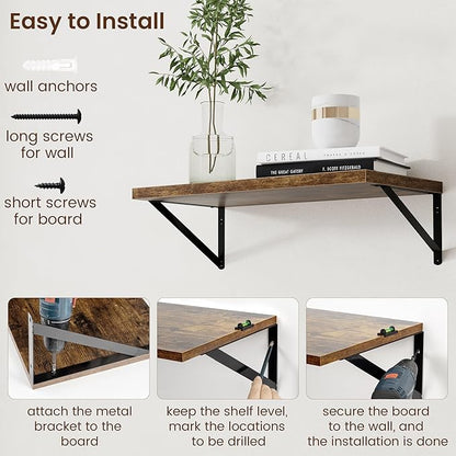 Axeman 12 Inch Deep Floating Shelves for Wall - 24 Inch Wide x 12 Inch Deep Wall Shelves Set of 2 - Rustic Wood Floating Shelves for Living Room