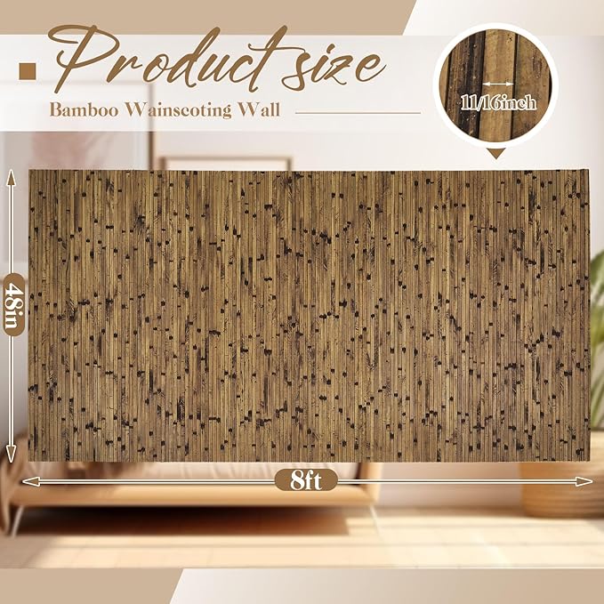 Juexica 2 Pcs Natural Bamboo Wall Panel for Interior Wall 48''x96'' Bamboo Covering Renewable Pole Wainscoting Room Divider Wrap Decor for Bedroom Living Room Kitchen Island Office (Dark Burned)