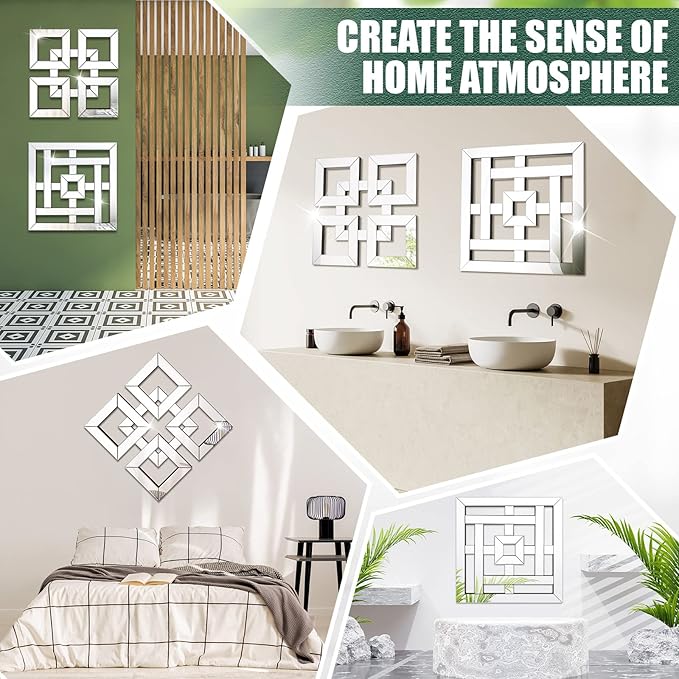 Geelin 4 Pcs Silver Mirrors Wall Decor 1.2 Inch Thick Wall Mount Decorative Square Mirrors 12 x 12 Inch Silver Art Mirrored DIY Modern Mounted Accent for Home Living Room Bedroom Farmhouse Decor