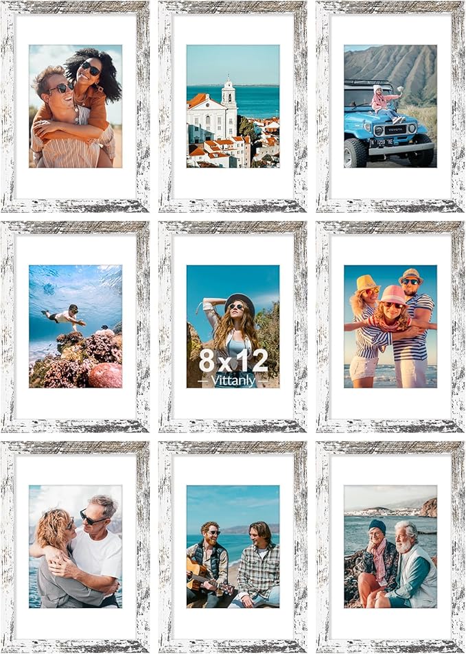 Vittanly 8x12 Picture Frames Set of 9, Shatter Resistant Plexiglass, Display 6x8 Pictures with Mat or 8x12 without Mat, Photo Frames for Wall or Tabletop, Engineered Wood, Distressed White