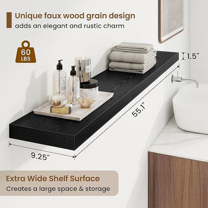 55in Floating Shelves for Wall, 55"W x 9.25"D x 1.5"H, Long Wall Mounted Engineered Wood Shelves with Invisible Brackets for Living Room, Bedroom, Bathroom, Kitchen Decor and Storage, Black