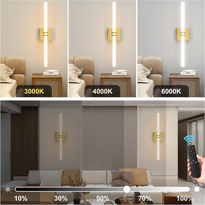 Battery Operated Wall Sconce 1Pack, Gold Rechargeable Wall Lights with Dimmable Remote Control, 22 Inch 3000K-6000K LED Wireless Wall Lamps for Bedroom, Hallway, Background Wall