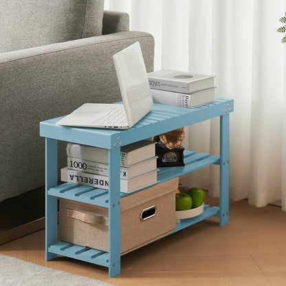 Apicizon Bamboo Shoe Rack for Entryway, 3-Tier Shoe Rack Bench for Front Indoor Entrance, Small Shoe Organizer with Storage, Blue
