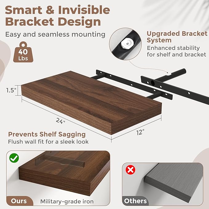 24 Inch Floating Shelves for Wall Set of 2, 12