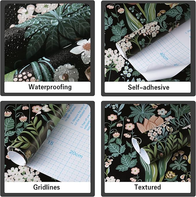 Peel and Stick Wallpaper Vintage Wall Paper Black Floral Contact Paper Removable Wallpaper 17.3