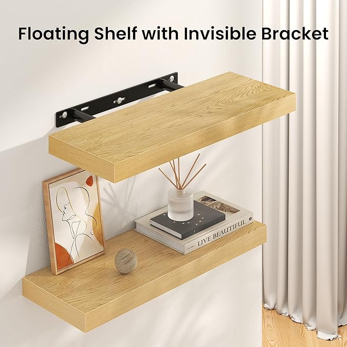 24 Inch Floating Shelves for Wall, Wooden Wall Mounted Display Shelves with Invisible Brackets for Living Room, Bedroom, Bathroom, Kitchen Decor and Storage, Set of 2, Oak