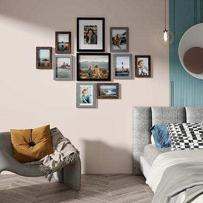 Vittanly Picture Frames Set of 10, Picture Frames Collage Wall Decor with Two 8x10, Four 5x7, and Four 4x6 Photo Frames, Gallery Wall Frame Set for Wall or Tabletop Display, Black&Brown&Grey