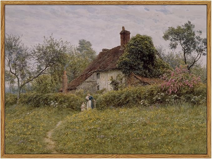 InSimSea Framed Canvas Wall Art Vintage Decor, Landscape Art Prints, Old Cottages Countryside Paintings Wall Decor, Rustic Farmhouse Picture for Bedroom Living Room Bathroom, 12"x16"