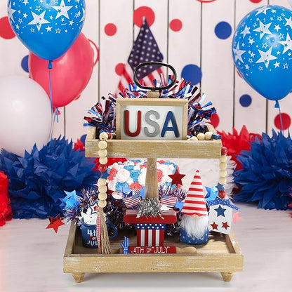 4th of July Decorations, Memorial Day Decorations, Independence Day Patriotic Tiered Tray Decor Set, 6 Pieces Fourth of July Centerpieces for Home Office Table Shelf, Red White and Blue Decorations