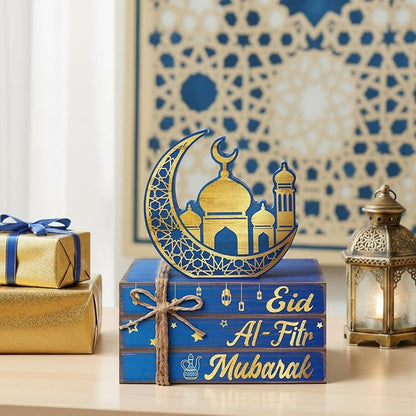 Geelin 4 Pcs Eid Mubarak Tiered Tray Decor Wooden Book Stack Signs, Blue Gold Islamic Crescent Moon Mosque Table Centerpiece for Ramadan Home Shelf Coffee Bar Mantel Decorations