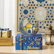 Geelin 4 Pcs Eid Mubarak Tiered Tray Decor Wooden Book Stack Signs, Blue Gold Islamic Crescent Moon Mosque Table Centerpiece for Ramadan Home Shelf Coffee Bar Mantel Decorations