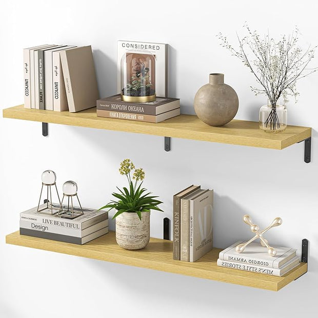 Marsmiles Extra Wide Floating Shelves for Wall, 40x8 Inch Natural Wood Grain Bookshelves, Heavy Duty Mounted Shelving for Bathroom, Kitchen, Living Room, Bedroom,Set of 2，Oak