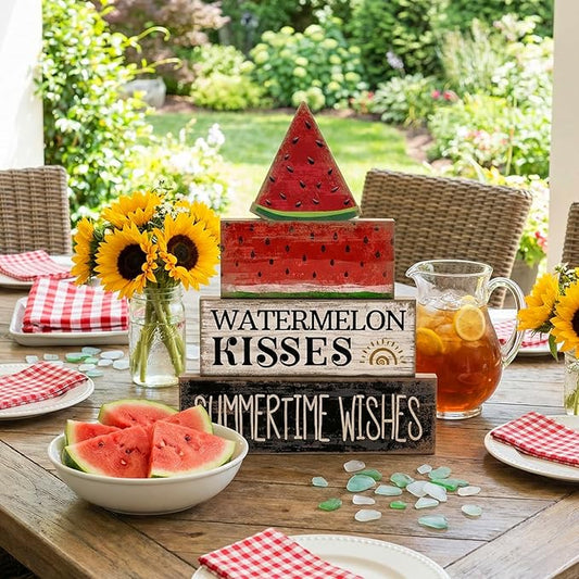 4 Pcs Summer Table Decor Wooden Watermelon Tiered Tray Decor Rustic Farmhouse Watermelon Block Signs Gifts Summer Tabletop Centerpieces for Home Kitchen Coffee Bar Decorations