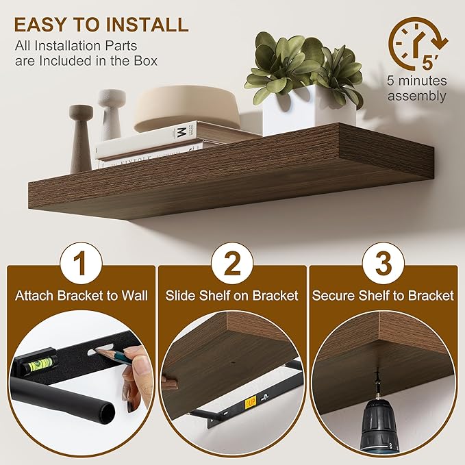 Fun Memories 72 Inch Floating Shelves, Wall Mounted Rustic Wood Floating Shelf with Invisible Brackets for Storage & Decor, 2 Pack Shelves for Bathroom,Bedroom and Kitchen, Walnut