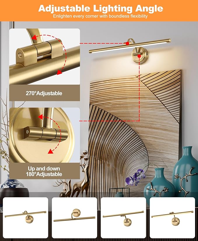 Picture Light for Wall, Dimmable Battery Operated Art Light, Picture Frame Light with Remote & Timer, Cordless Wall Sconce with 3 Colors Temperature for Pantings, Photo Gallery(Brass, 23.6inch)