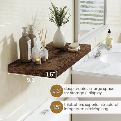 Fun Memories 36 Inch Long Floating Shelves for Wall, 9.3 Inch Deep Floating Shelf, 2 Packs Long Shelves for Bathroom, Living Room, Bedroom, Wall Mounted Storage Shelf for Books Decor, Rustic Brown