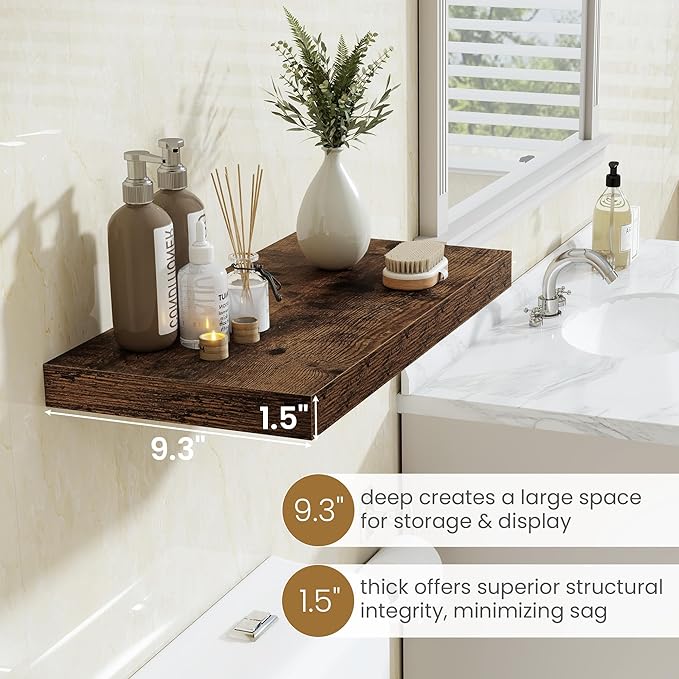 Fun Memories 36 Inch Long Floating Shelves for Wall, 9.3 Inch Deep Floating Shelf, 2 Packs Long Shelves for Bathroom, Living Room, Bedroom, Wall Mounted Storage Shelf for Books Decor, Rustic Brown