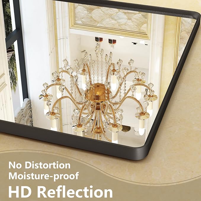 OKPAL 55X40 Inch Matte Black Bathroom Mirror, Black Framed Bathroom Vanity Mirror, Black Rectangle Mirror, Round Corner, Rustproof, Shatter-Proof (Horizontal/Vertical)