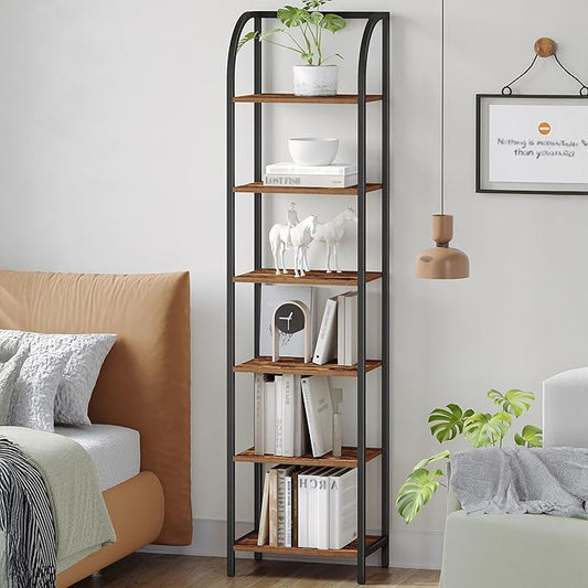 Bookshelf Narrow Bookcase, Tall Storage Rack with Steel Frame, Display Standing Shelf Unit, Skinny Book Shelf for Study Living Room Home Office, Industrial Style, 6-Tier Rustic Brown BC56401B