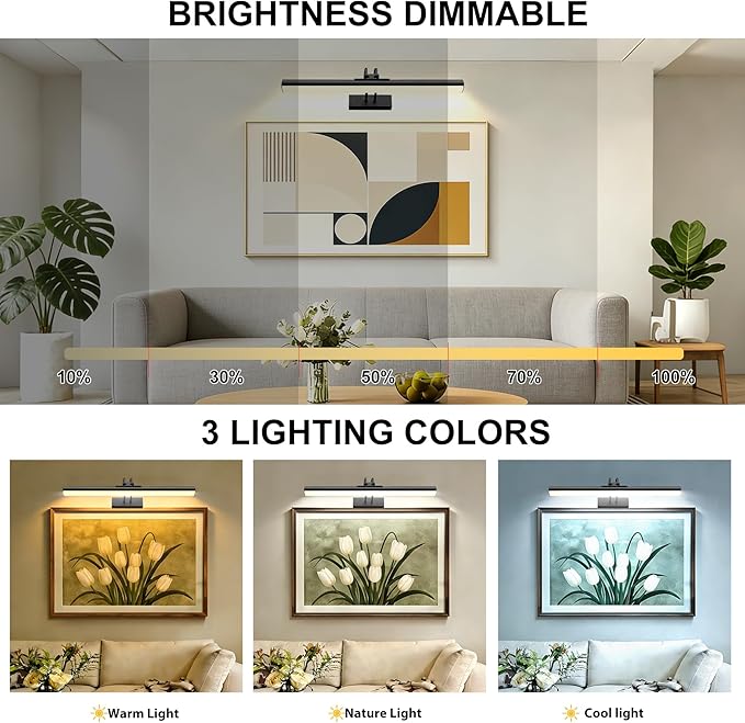 Picture Light,Wireless Art Light Stick-On,Magnetic Wall Light,Battery Accent Light with Timer and Dimmable for Painting,Frame,Portrait,Artwork-Black 16"