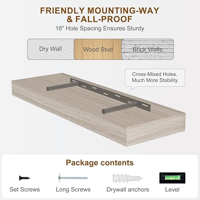Fun Memories Floating Shelves for Wall, 20 Inch Floating Shelves Set of 2, Hanging Shelf with Invisible Brackets, Wood Shelves for Living Room, Bedroom, Kitchen, Grey