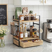 Coffee Station Organizer Countertop, Wooden Coffee Bar Accessories Organizer with Basket, 2 Mug Holder Hooks and Pod Drawer, Multifunctional 2 Tier Countertop Organizer for Kitchen, Bathroom, Office
