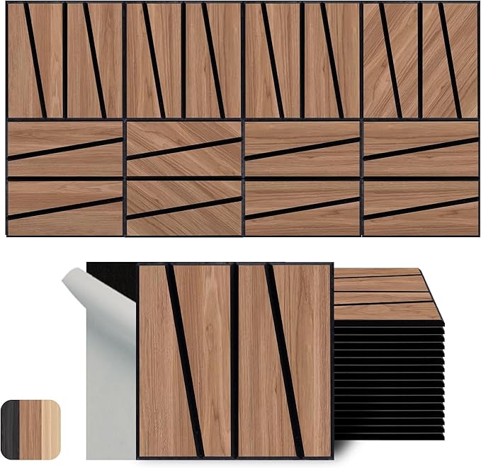 WoveN SounD Artisan Acoustic Wall Panels, 16 Pack 12x12 Inch, Wood Veneer Carved Sound Proof Wall Decor, Self-Adhesive for Home, Studio, Office & Focus Zones, Cut Prism, Teak