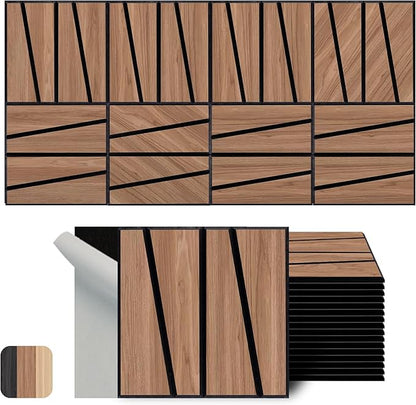 WoveN SounD Artisan Acoustic Wall Panels, 16 Pack 12x12 Inch, Wood Veneer Carved Sound Proof Wall Decor, Self-Adhesive for Home, Studio, Office & Focus Zones, Cut Prism, Teak