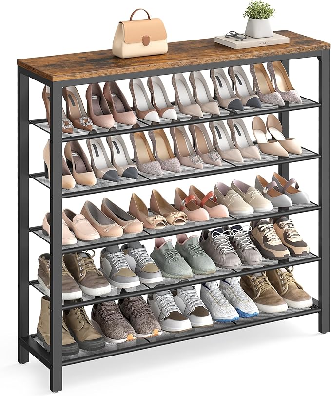 VASAGLE 6-Tier Shoe Rack, Shoe Organizer for Closet, Entryway, 24-30 Pairs of Shoes, Large Shoe Rack Organizer with 5 Metal Mesh Shelves, 11.8 x 39.4 x 43.3 Inches, Rustic Brown and Black ULBS016B01