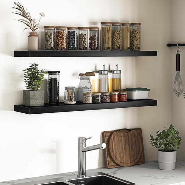 Floating Shelves for Wall, 48"W x 9.3"D x 1.5"H, Long Wooden Wall Mounted Display Shelves with Invisible Brackets for Living Room, Bedroom, Bathroom, Kitchen Decor and Storage, Set of 2, Black
