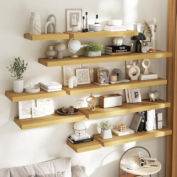 16 Inch Floating Shelves for Wall Set of 2, 12"D Wood Grain Bathroom Shelves with Invisible Brackets, Easy Install Engineered Wood Storage Shelves for Kitchen, Living Room, Bedroom, Oak Finish