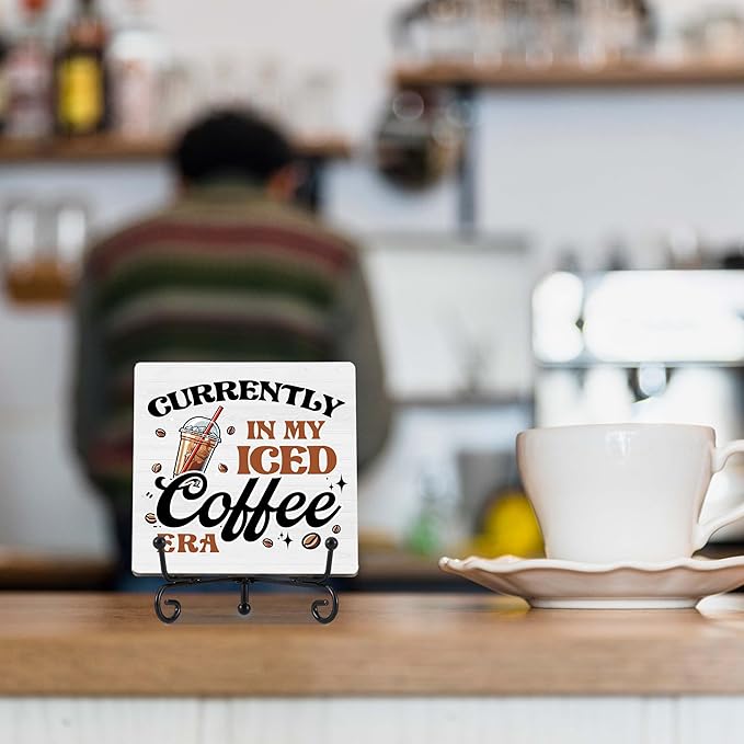 Coffee Bar Decor, Farmhouse Kitchen Table Decor, Coffee Station Accessories, Wooden Decorative Sign with Iron Stand for Table Desk Shelf Display-E33
