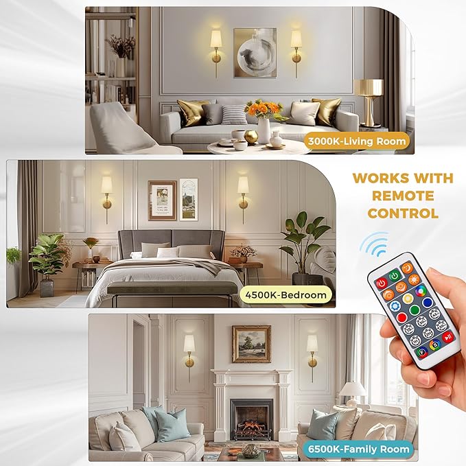 DORESshop Battery Operated Wall Sconce Set of 2, Wireless Wall Light Easy to Install, 15 Color Rechargeable Wall Sconces, Sconce Wall Decor Set of 2 for Bedroom, Living Room, Gold, 27in